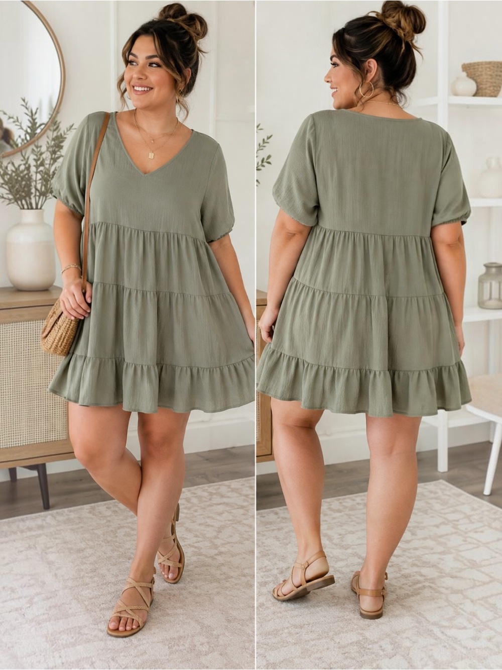 You & Me 1X Sage Green Tiered Babydoll Dress V Neck Boho Crinkle Plus Size